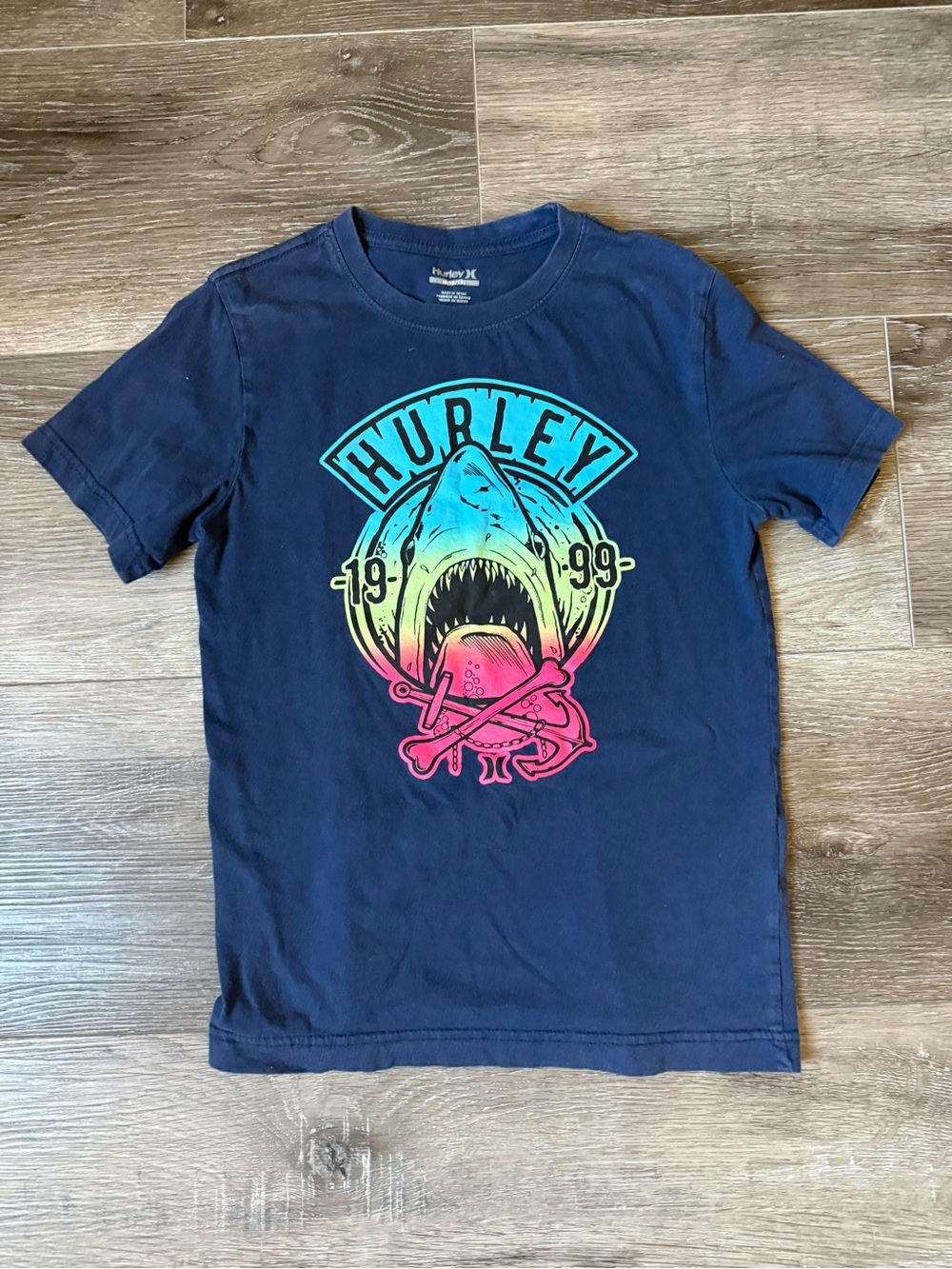 Hurley Navy Tee with Neon Shark and Crossbones Graphic